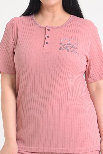 PİNKMARK Women's Salmon Short Sleeve Embroidered Plus Size Pajama Set Pmtk25604