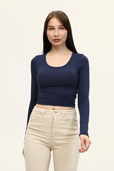 LAENT Kadın Indigo Mavi Bisiklet Yaka Uzun Kollu Crop Bluz