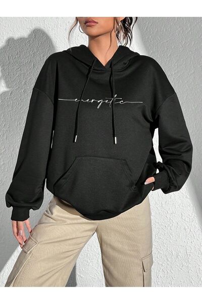 Deocept Hanorac oversize cu glugă, unisex, cu imprimeu Energetic, negru