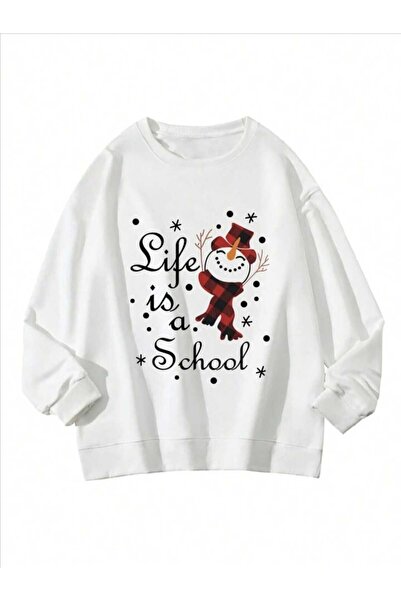 Deocept Λευκό φούτερ Unisex Oversize με λαιμόκοψη - Πρωτοχρονιάτικο θέμα