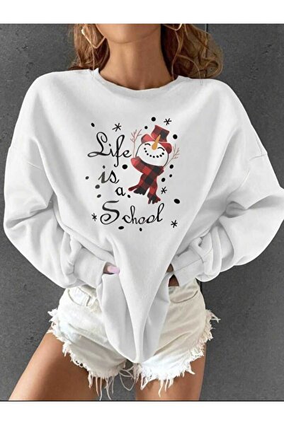 Deocept Λευκό φούτερ Unisex Oversize με λαιμόκοψη - Πρωτοχρονιάτικο θέμα