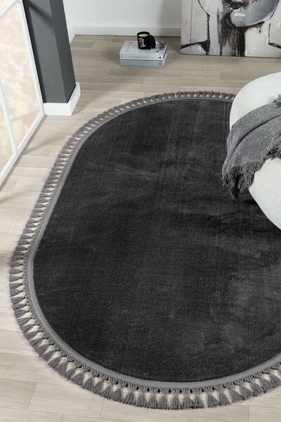 LİNOS HOME Puffy Antrasit Oval Örgü Saçaklı Peluş Yumuşacık Yıkanabilir Kayma...