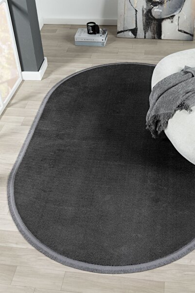 LİNOS HOME Puffy Antrasit Oval Düz Saçaklı Peluş Yumuşacık Yıkanabilir Kaymaz...