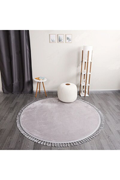 LİNOS HOME Açık Gri Fluffy Düğüm Saçaklı Yuvarlak Post Peluş Halı Antibakteri...