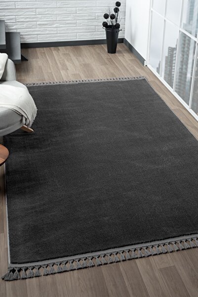 LİNOS HOME Puffy Antrasit Örgü Saçaklı Peluş Yumuşacık Yıkanabilir Kaymaz Tab...