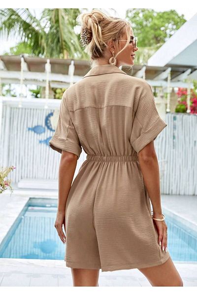 asyadabutik Beige Women's Aerobin Jumpsuit - Short Sleeve, Pocket and Button