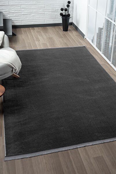 LİNOS HOME Puffy Antrasit Düz Saçaklı Peluş Yumuşacık Yıkanabilir Kaymaz Taba...