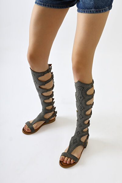 Limoya Medusa Khaki Stone Detailed Below-The-Knee Gladiator Women's Sandals Opportunity Product