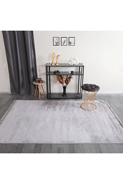 LİNOS HOME Açık Gri Fluffy Düğüm Saçaklı Post Peluş Halı Antibakteriyel Kayma...