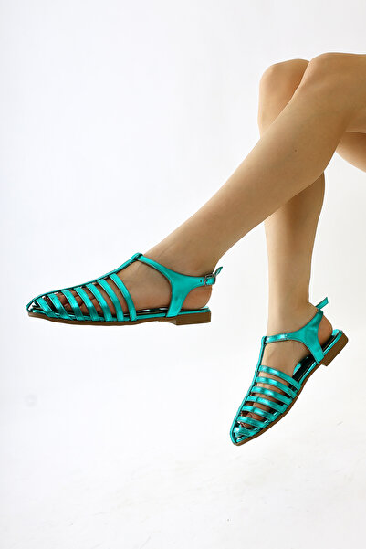 Limoya Zafu Green Patent Leather Thin Strap Flat Bottom Women's Sandals Opportunity Product