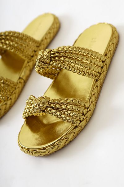 Limoya Papuci de damă Nessa Gold din piele lacuită tricotată