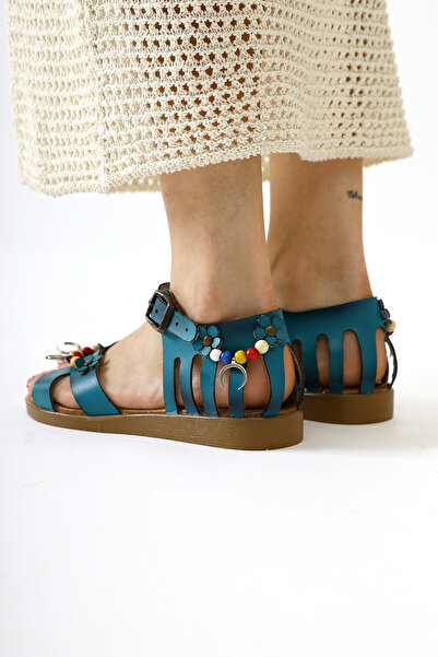 Limoya Genuine Leather Alize Turquoise Beaded and Leaf Detailed Women's Sandals Opportunity Product