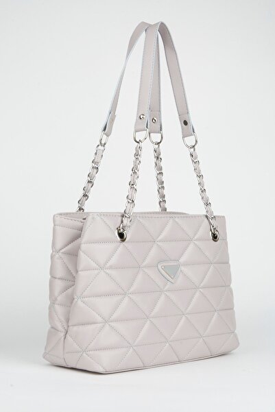 Çanta Park Piele gri deschis matlasată - Geantă de mână și de umăr cu 3 compartimente cu fermoare, curea cu lanț și căptușeală