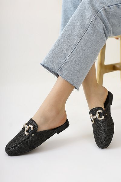 Limoya Benny Black Stone Buckle Detailed Straw Women's Slippers