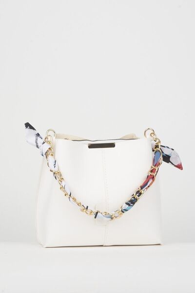 Vivaq Eșarfă albă Păun pentru femei, accesorii pentru lanț, din piele moale, cu 3 compartimente, geantă de mână și geantă de umăr