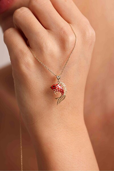 Gianfranco 14 Ayar Altın Kırmızı Mineli Balık Kolye Ucu