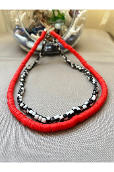 Atelier By Serkan Kırmızı Fimo Ve Siyah Beyaz Boncuk Kolye