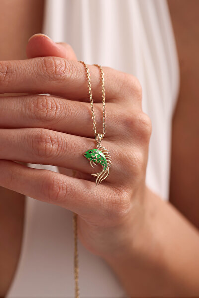 Gianfranco 14 Ayar Altın Yeşil Mineli Balık Kolye Ucu
