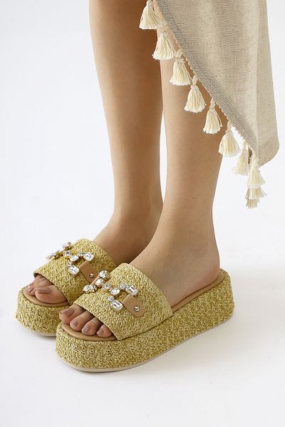Limoya Dorine Skin Color, Beige Women's High-Top Straw Slippers with Stone Buckle Detail