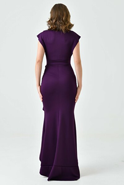 vuvutasarım Flexibilní potápěčská tkanina s detailním dvouřadým límcem, dlouhé večerní šaty se švestkou 582443