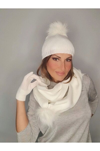 Senbeno Design Beyaz Ponponlu Kadın Atkı Bere Eldiven Takım