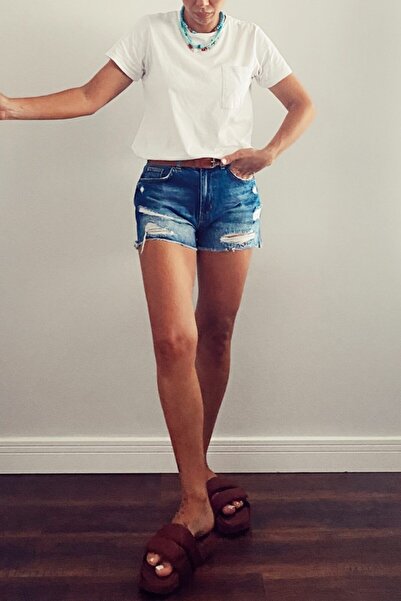 ASHCO Koyu Mavi Yırtık Detay Kot Şort