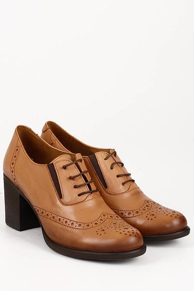 GÖNDERİ(R) Women's Light Tan Laced Medium Thick Heeled Genuine Leather Oxford Shoes