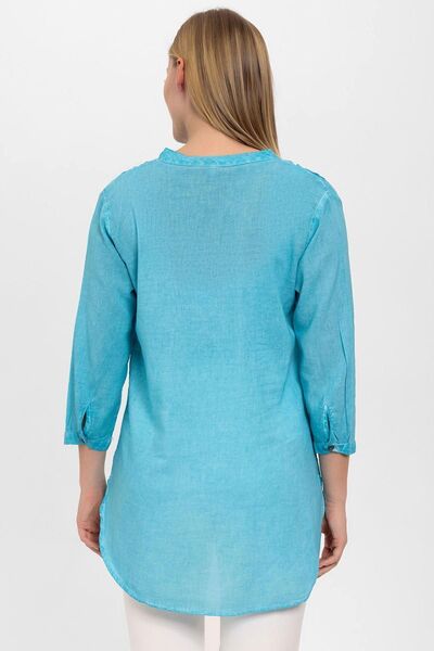 Deriderim Блузка з круглим вирізом, синя, бавовняна - з рукавами-крильцями та ґудзиками