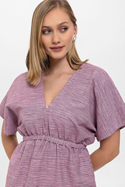 Deriderim V-подібний виріз, фіолетовий шовковий бавовняний літній сукня - з короткими рукавами, без підкладки