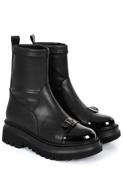 GÖNDERİ(R) Black Patent Leather Round Toe Women's Stretch Daily Boots 35859