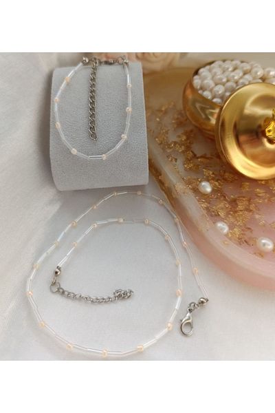 İnci Mode Bead Detailed Sand and Pipe Bracelet Necklace Set