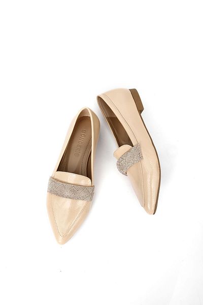 GÖNDERİ(R) Nude Patent Leather Pointed Toe Short Thick Heeled Stoned Women's Ballerinas 35309