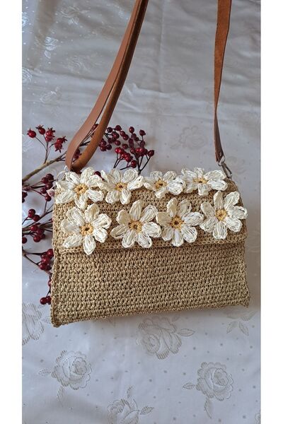 SOUL BY A&B Çiçek motifli el örgüsü kağıt ip çanta yazlık yaz çantası omuz ko...