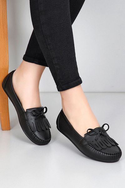 GÖNDERİ(R) Black Heel Round Toe Flat Sole Tasseled Bow Women's Ballerinas 30226