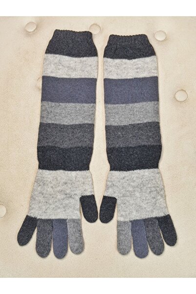 Senbeno Design Gri Antrasit Çizgili Uzun Yün Kadın Eldiven