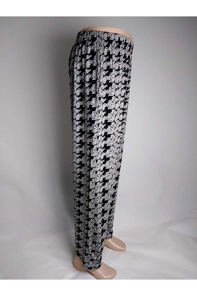 YAŞAR TRİKO Black Patterned Viscose Bottom Clothing - Double Pocket, Elastic Waist, Summer Door