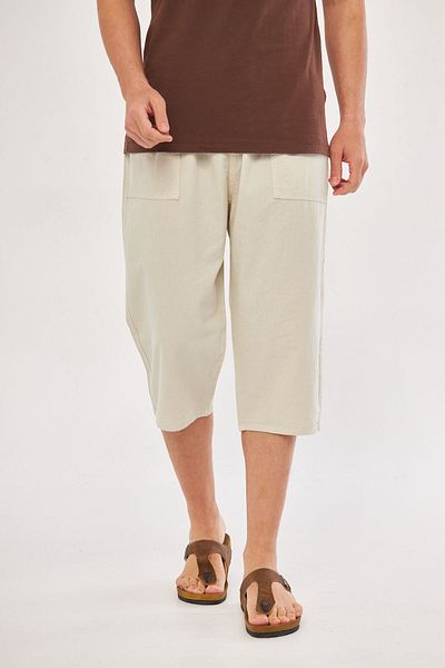 NASIFOĞLU GİYİM Men's 100% Cotton Beige Elastic Waist Linen Capri Comfortable Loose Fit Cool Capri