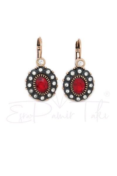 Diamond Mounted Earrings with Red White Zircon Gemstone