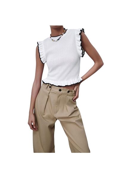 Reyon Pulover cu mânecă zero Tricoturi pentru femei Stil tricotat Pulover alb cu volane Stil pulover Tricou tricotat sezonier