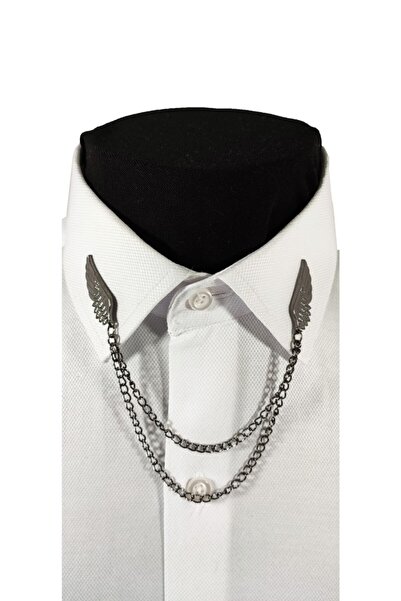 BLC Basic Line Co. Kanat Figürlü Koyu Gümüş Gri Renginde Metal Gömlek Yaka Iğ...