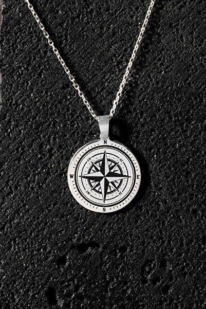 Takıdepo Pusula Model Siyah Mineli Gümüş Kolye