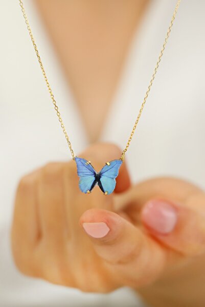 HomSilverjewelry 925 Ayar Gümüş Mavi Kelebek Detaylı Kadın Kolye