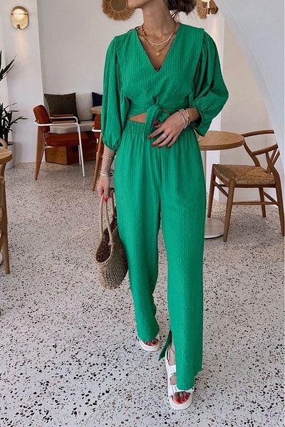 Suzi butik Gingham Crop Top and Palazzo Pants Women's Set