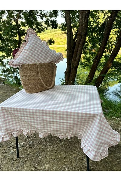 Decamor home Pink Linen Tablecloth - Frilly Picnic Cloth