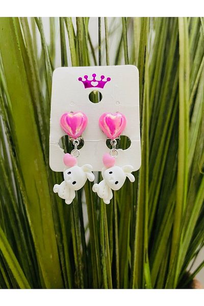 1PARÇAMAVİ White Rabbit with Heart Hanging Clip Children's Earrings - Non-Perforated Earrings