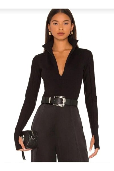 Nsb Tasarım Дамски черен боди с цип и връзки на пръстите