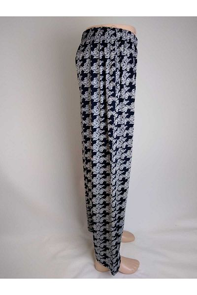 YAŞAR TRİKO Navy Blue Patterned Viscose Women's Bottom Clothing - Double Pocket, Elastic Waist, Summer Door