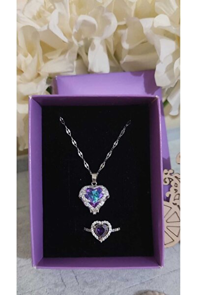 HKN AVM ACCESSORİES Çelik Kalpl Yüzük Ve Kolye Okyanus Kolye Melek Kalbi Kolye Sevgililer Günü Hediyesi