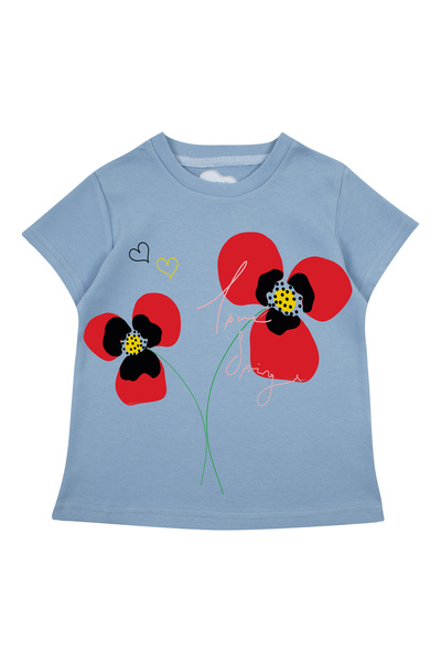 Bubuga Kız Çocuk %100 Pamuk Gök Mavi Gelincik Baskılı Kısa Kol Tshirt