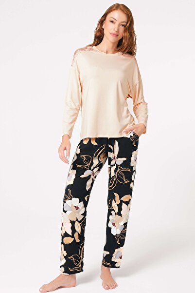 Genel Markalar Uzun Kol V Yaka Viskon Çiçek Desenli Kışlık Örme Normal Bel Da...